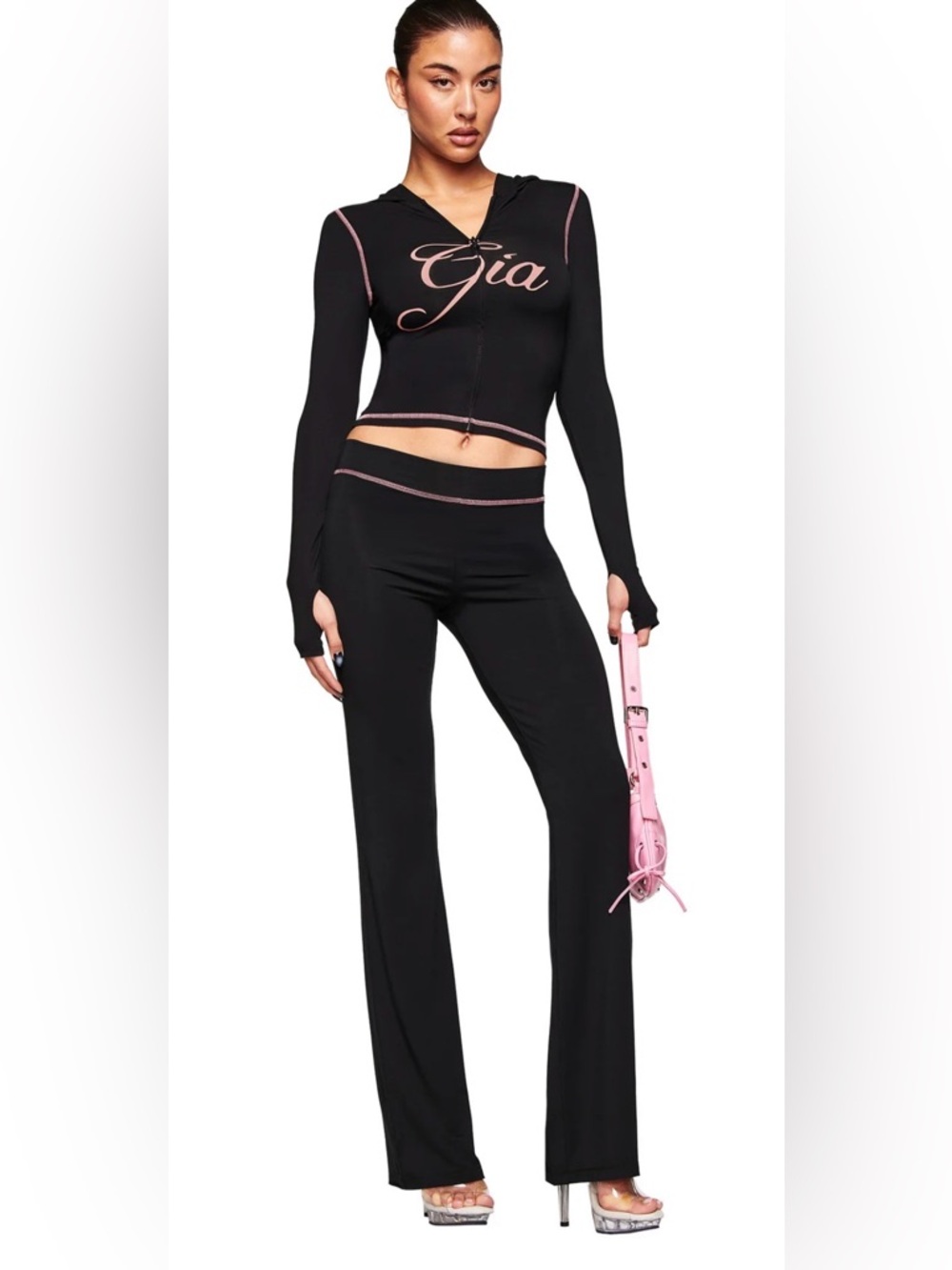 Pants and hoodie both like new I.AM.GIA Black Cropped Zip-Up Hoodie with Pink